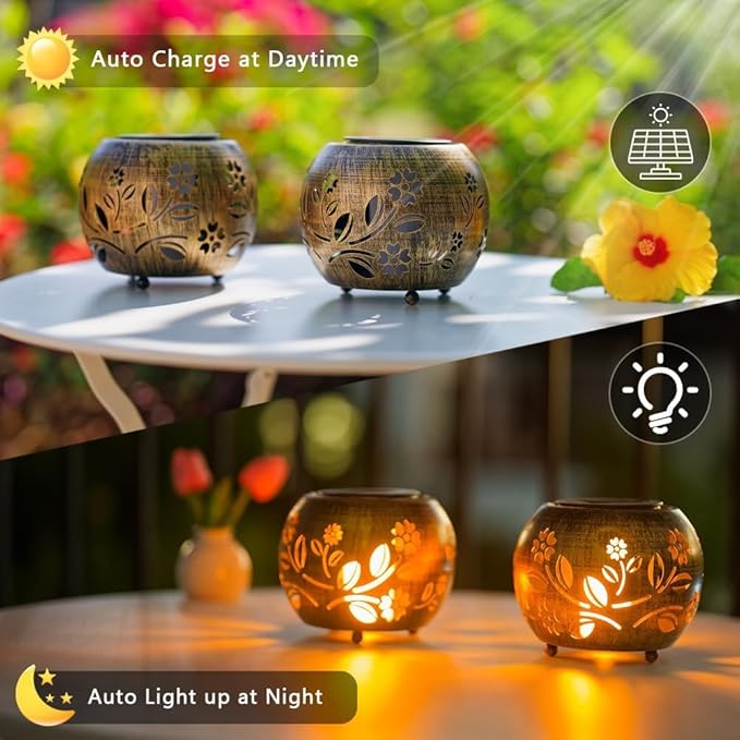 2 Pack Flower Solar Lanterns Outdoor Waterproof, Hollow Out Metal Lantern Solar Lights, Hanging Lights for Yard, Patio, Porch, Garden Decor, Outdoor Decoration LED Lantern for Yard, Garden
