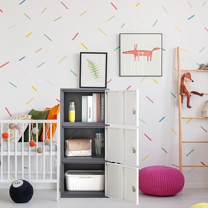 Student Locker Organizer, Multi-Door Steel Locker, Small Locking Cabinet Storage Organizer, Office File Cabinet, Home Locker, Gym Locker, Metal Storage Locker (3 Door, Gray & White)