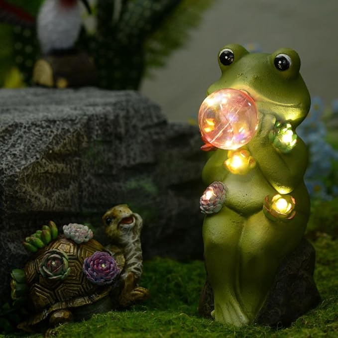 Solar Light Sitting Frog Decoration 5 Warm LEDs Light Sensor for Auto Switch On/Off Outdoor Figurine Lights Colorful IP44 Bubble Ball for Outdoor Décor Housewarming Gift Halloween(RJ-24010A)