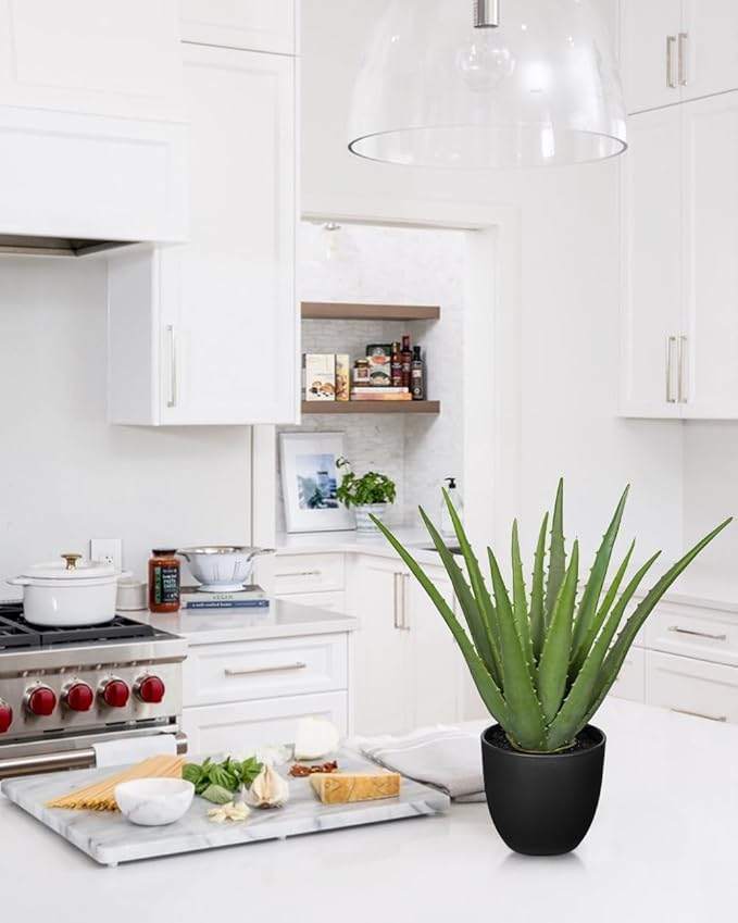 Fake Succulent Aloe Vera Plants 13 Inch Large Artificial Succulents with Black Pot Faux Aloe Potted Plant for Desk Modern Home Office Bedroom Living Room Table Shelf Decor