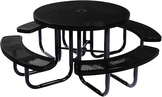 Heavy-Duty Portable Outdoor Picnic Table with Umbrella Hole, Punched Steel Commercial-Grade Patio Dining Furniture Made in America (46" Round Top, Textured Black)