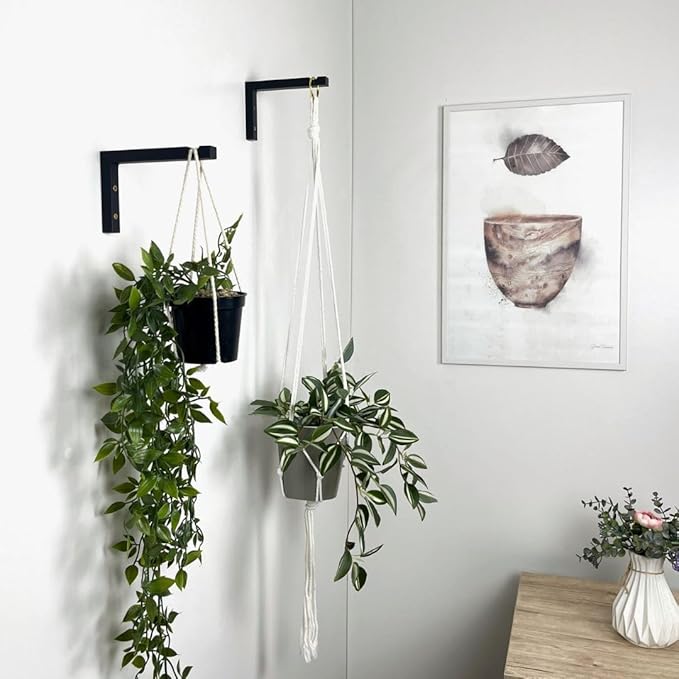2-Piece Set of Plant Hooks for Wall 6 Inch - L-Shaped Mounted Wooden Plant Hook - Indoor and Outdoor Bracket Plant Hanger for Planters, Lanterns, Bird Feeders and Plant Basket (Black)