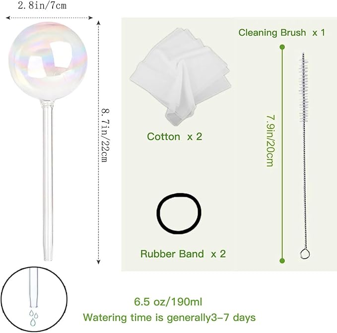 Glass Plant Watering Globes, Water Plants While Away Slow Self Watering Planter Insert Bulbs for Outdoor Indoor Plants, Vacation Plant Watering System Devices (Iridescent Medium 2-Pack)