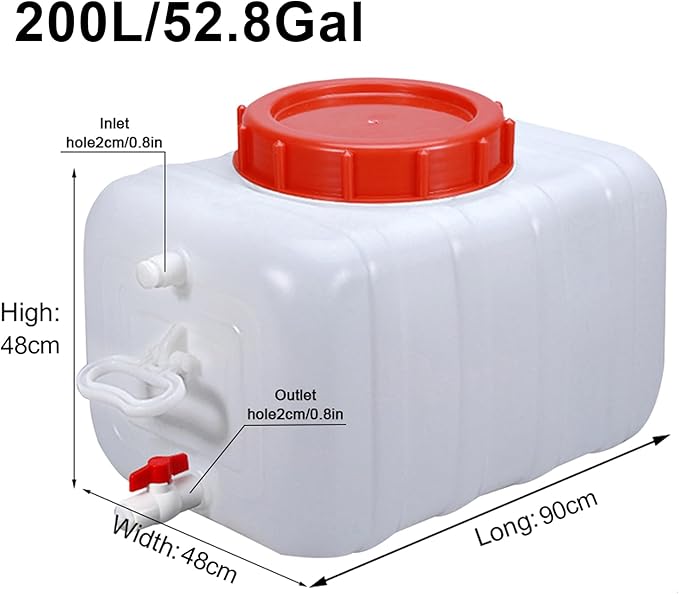 Large Capacity Water Container Plastic Water Tank with Faucet and 3M Water Pipe, Heavy Duty Water Storage Carrier Portable Durable for Outdoor Hiking Emergency Self-Driving(Size:200L/52.8Gallon)