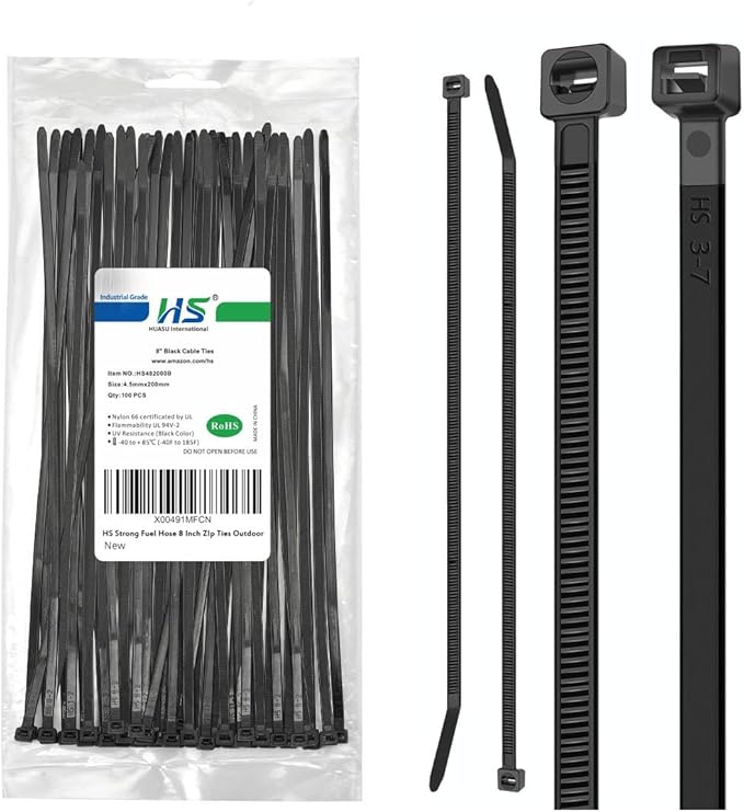 HS Strong Medium Zip Ties 8 Inch x 3/16" UV Rated Black 100 PCS Cable Zipties 50 Pounds Heavy Duty Self-Locking Strap Ties Automotive,Outdoor Fence Purpose