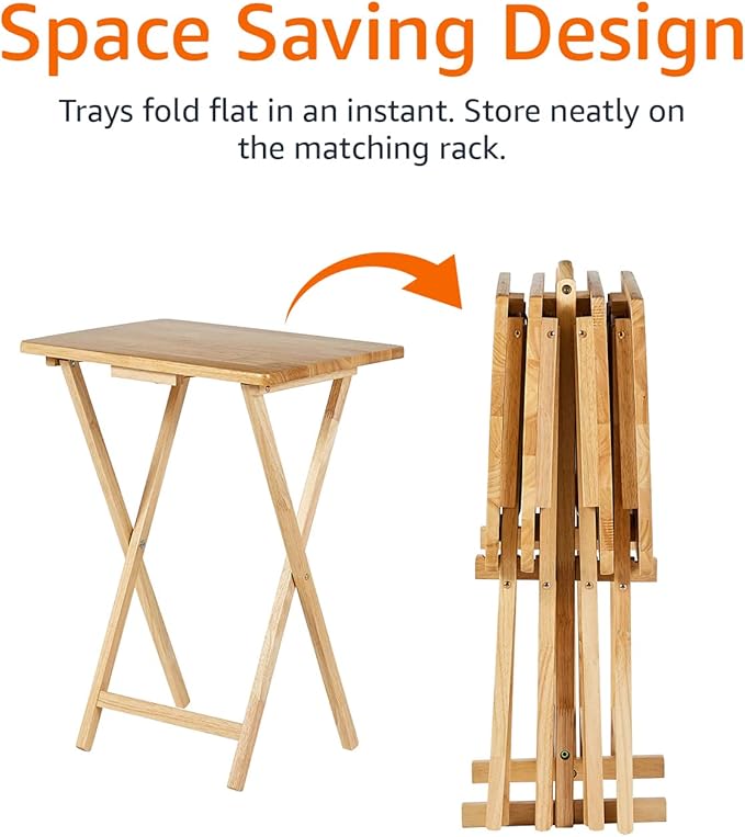 Amazon Basics Classic Foldable TV Dinner Tray Table with Storage Rack, 14.6 L x 19 W x 26 H inch, Natutral, 4-Pack