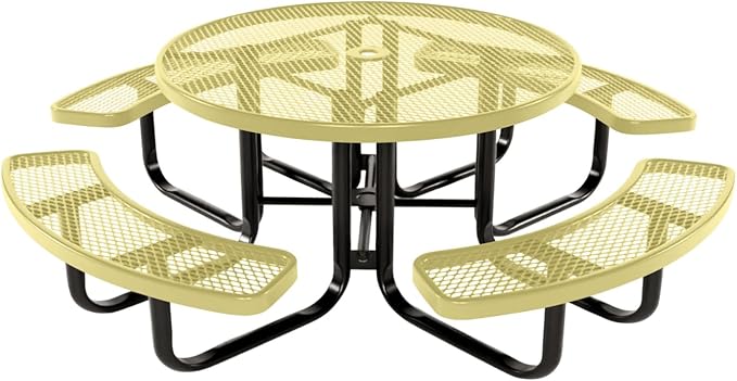 Heavy-Duty Portable Outdoor Kids Table with Umbrella Hole, Expanded Metal Kids Picnic Table, Commercial-Grade, Made in America (46 in, Round, Childrens, Textured Sandstone)
