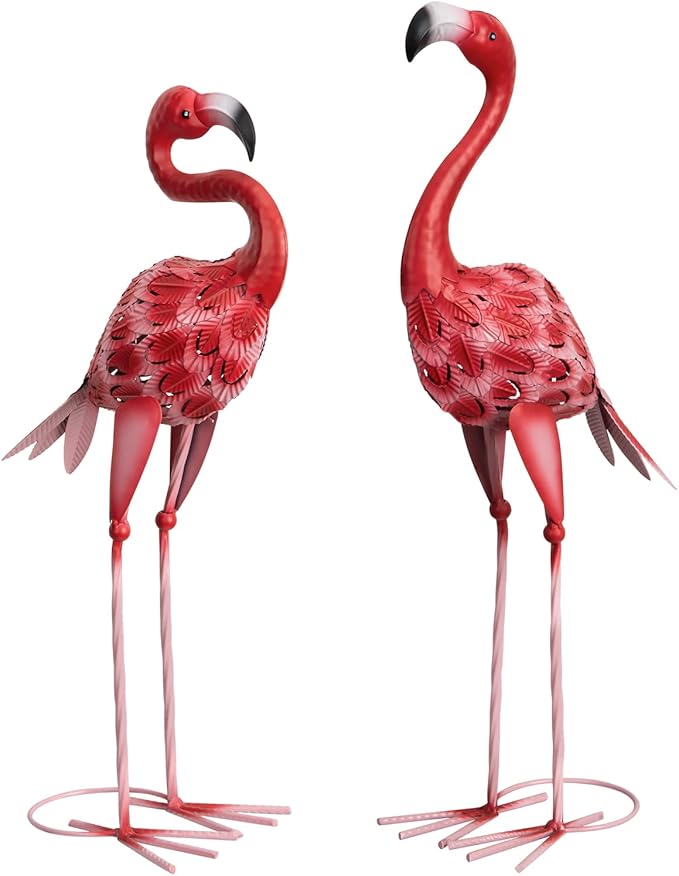XONOR Metal Flamingo Garden Statues Red Flamingo Yard Art Outdoor Sculptures for Home Patio Lawn Backyard Décor, Set of 2