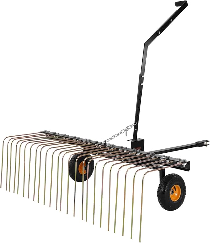 VEVOR Tow Behind Dethatcher, 60-inch Tow Dethatcher with 24 Steel Tines, Lawn Dethatcher Rake for ATV or Mower, Tow Behind Lawn Rake with Lift Handle for Leaves, Pine Needles, and Grass
