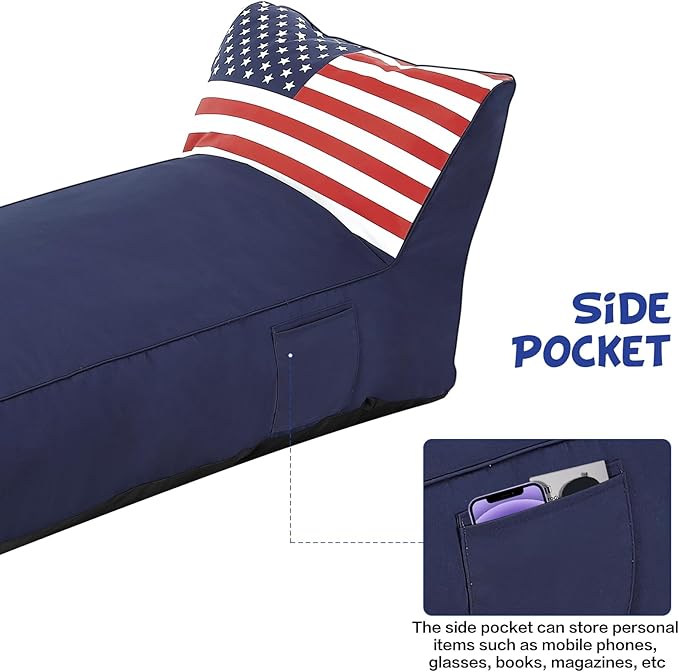 Outdoor Chaise Lounge Chair, Sunbed UV Resistant American Flag Sofa Couch Patio Waterproof Outside Sunlounge Reclining Sunbathing Bed Comfy Single Chaise Daybed for Garden, Pool, Beach, Navy Blue