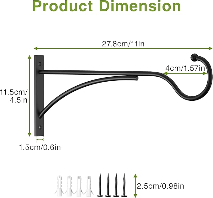Outdoor Plant Hanging Hooks for Wall: 11 Inch Black Metal Bracket for Hanging Baskets, Bird Feeders, Wind Chimes, Flower Baskets, Yoga Mat, Lanterns. 1 Pack