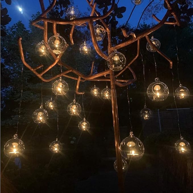 Sziqiqi Hanging Glass Tealight Candle Holder with LED Candles - 3.15inch Tea Light Globe Terrarium Holders Ornament for Wedding Christmas Birthday Halloween Party Centerpieces Decor 8pcs