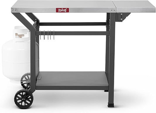 Outdoor Grill Table, 40’’x20’’ Movable Pizza Oven Table with Wheels, Stainless Steel Countertop Grill Cart with Storage Shelf & Foldable Extension, 6 Extra Hooks,for BBQ Food Prep