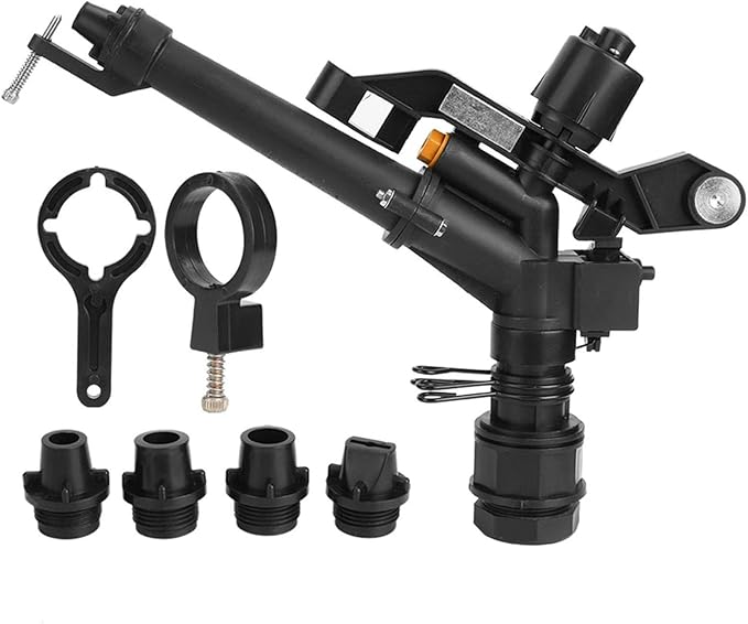 Rocking Arm Sprinkler, 1.5in to 1in DN25 Female Thread Adjustable 360 Degree Rotating Rocking Arm Impact Mini Sprinkler with Nozzle Set