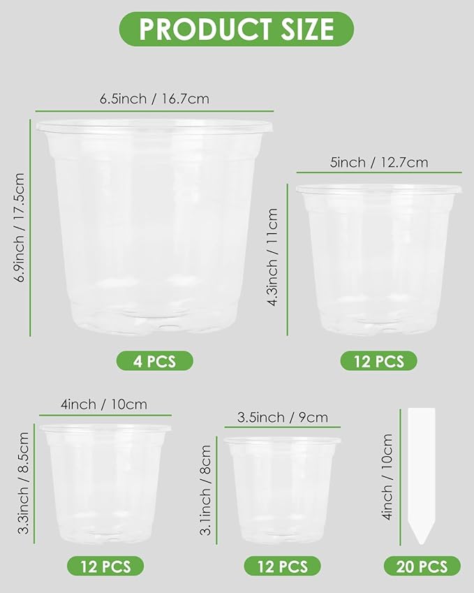PACETAP 40Pack 6.5/5/4/3.5 Inch Reinforced Clear Nursery Pots with Drainage Holes, Variety Pack Thickened Plastic Plant Pots with 20 Plant Labels for Indoor Outdoor Flower Seed Starter