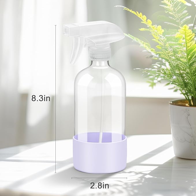 2 Pack Glass Spray Bottles with Silicone Sleeve, 16 oz Empty Refillable Containers with Adjustable Spray Nozzles, Spray Bottles for Hair, Cleaning Solutions and Plants Purple