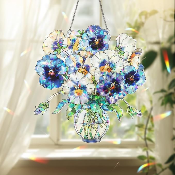 Acrylic Pansy Vase Suncatcher – Window Hanging Flower Ornament, Sun Catchers for Windows, Handmade Floral Home and Garden Decor Gift, Gift for Plant Lovers