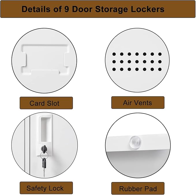 Student Locker Organizer, Multi-Door Steel Locker, Small Locking Cabinet Storage Organizer, Office File Cabinet, Home Locker, Gym Locker, Metal Storage Locker - Gray and White (9 Door, White)