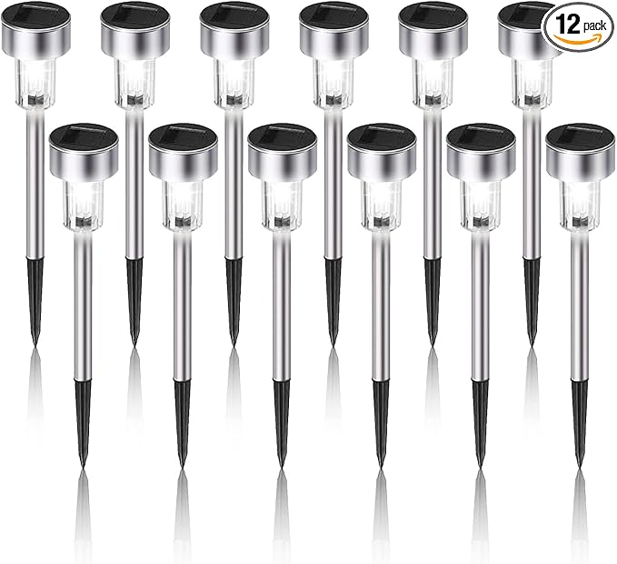 Solar Lights Outdoor Waterproof, Stainless Steel LED Landscape Lighting Outdoor Solar Lights for Outside Solar Garden Lights for Pathway, Walkway, Patio, Yard, Lawn - 12 Pack ( Cold White )