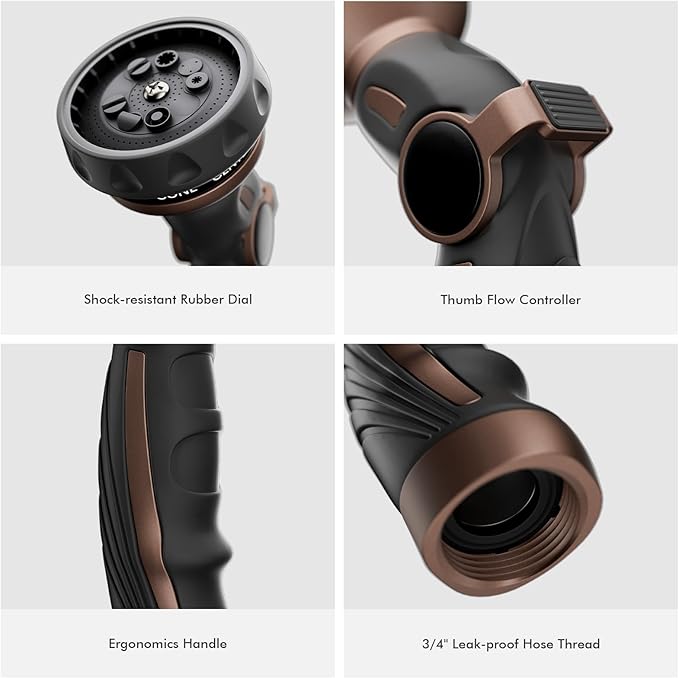 RESTMO Hose Nozzle Heavy Duty, Metal Water Hose Sprayer for Garden, 9 Spray Patterns | High Pressure | Thumb Flow Control | On/Off Valve, Ideal for Outdoor Lawn & Plant Watering, Car & Pet Washing