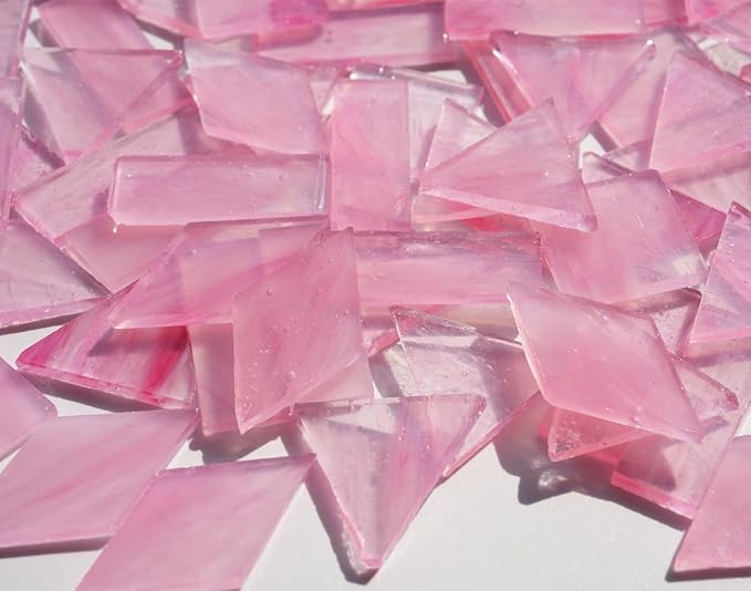Crisp Texture Transparent Glass Mosaic Tiles, 200g Stained Glass Pieces, 4 Shapes Pre-Cut, Misty Pink
