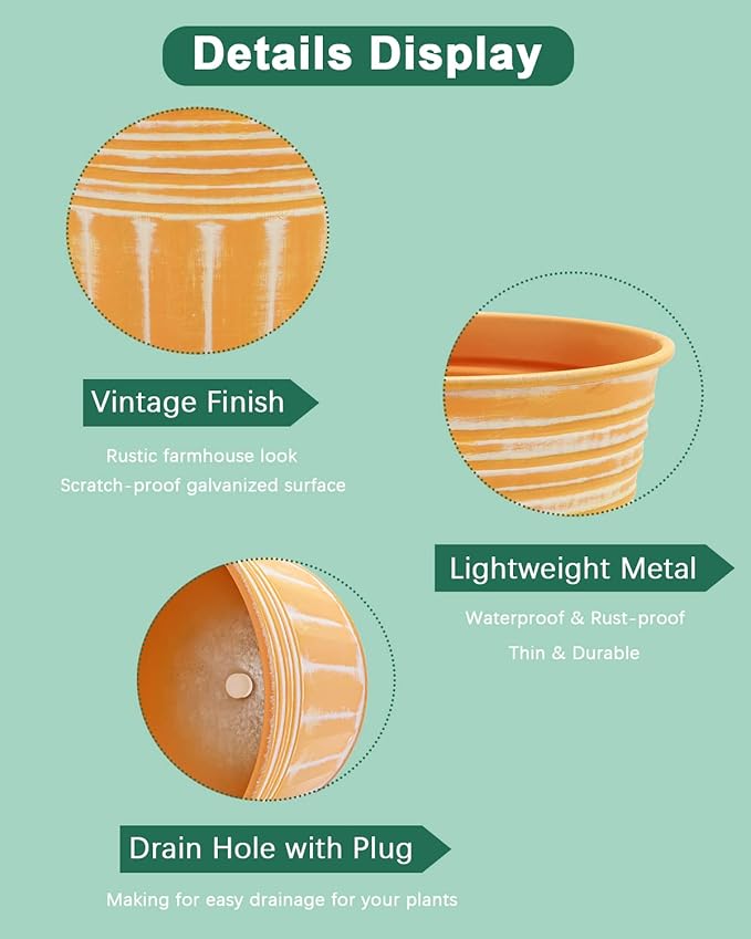 vensovo 5 Inches Orange Metal Rustic Flower Pots - 6 Pcs Small Galvanized Planters with Drainage Hole and Rubber Plug, Rustproof Tin Bucket Plant Pot Farmhouse Vintage Style for Decor