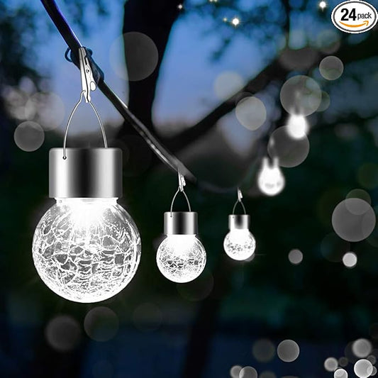 Solar Lights Outdoor Hanging Decorative Globe 24 Pack, Waterproof Solar Lantern with Handle and Clip, Solar Powered Glass Ball Lights for Garden Yard Fence Tree Umbrella Holiday Décor, Cold White