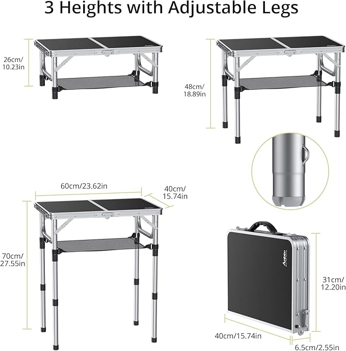 Folding Camping Table, Aluminum 24" x 16" Adjustable Height Small Folding Table with Carrying Handle, Lightweight, Portable Camping Table Waterproof for Outdoor Indoor Picnic Beach BBQ (Black)