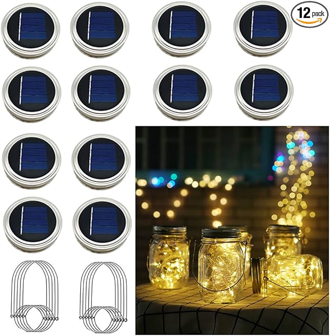 Solar Mason Jar Lights, 12 Pack 30 LED Waterproof Lid Light with Hangers (No Jar), Fairy Firefly Outdoor String Lights for Regular Mason Jar, Patio, Yard, Garden, Wedding Decoration (Warm White)