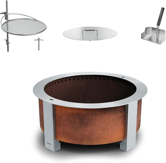 Breeo Smokeless Fire Pit Grilling Bundle (X Series 24 Corten Steel, Outpost Grill, Ash Shovel, & Lid) | 27.5 inch Smokeless Firepit for Outside | Ideal for Families