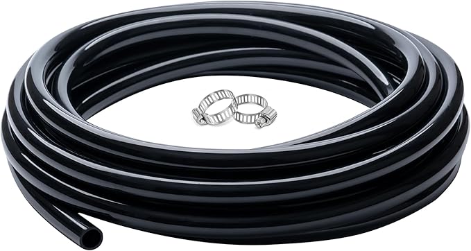 5/8" id - 25ft Black Vinyl Tubing Flexible PVC Tube Hybrid Hose Transfer Water Fuel Gas for Pond Fountain Garden Waterfall, Durable and Safe, with 2 Hose Clamps