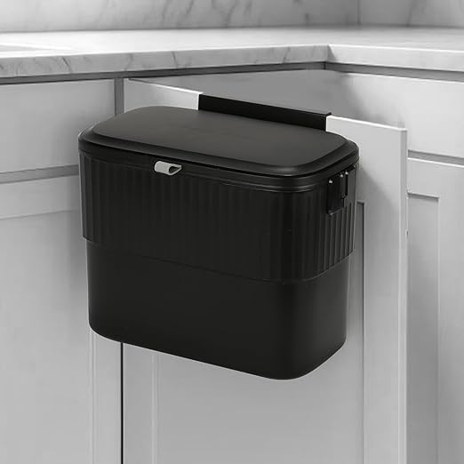 ELPHECO Kitchen Compost Bin with Lid 1.8 Gallon Hanging Trash Can with Lid, 7 Liter Wall-Mounted Garbage Can for Kitchen Cabinet Door, Small Under Sink Trash Can for Counter Top, Bathroom, Black