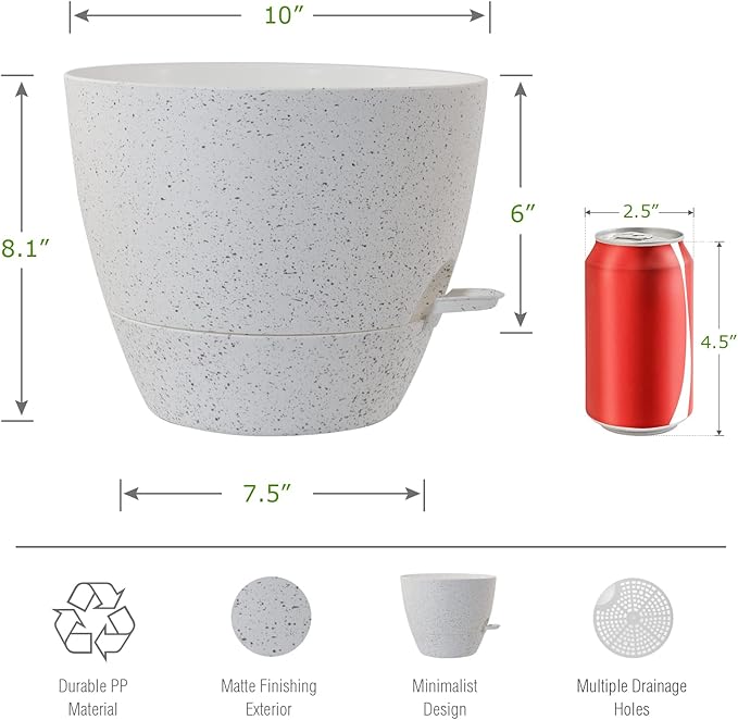 WOUSIWER 10 inch Self Watering Planters, 2 Pack Large Plastic Plant Pots with Deep Reservior and High Drainage Holes for Indoor Outdoor Plants and Flowers, Speckled White