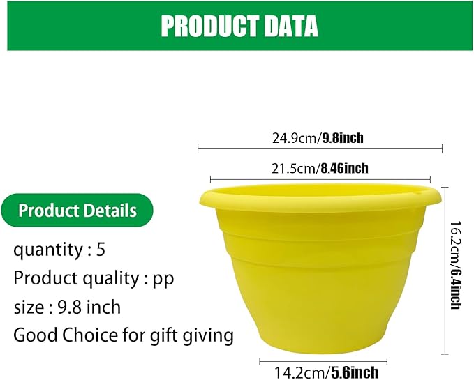 Plant Pot Set of 5, 10" Outside Diameter Flower Pots, 8.5" Inner Diameter Plant Planters with Drainage Hole, Durable Garden Pots Perfect for Indoor & Outdoor Plant Planting, Decor, Yellow