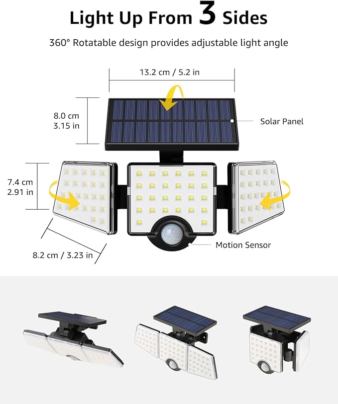 LE Solar Lights for Outside, Solar Lights Outdoor with Motion Sensor, WL4000 High Brightness, 3 Adjustable Heads 270° Wide Lighting Angle, IP65 Waterproof, Wireless Wall Lamp for Yard Garage