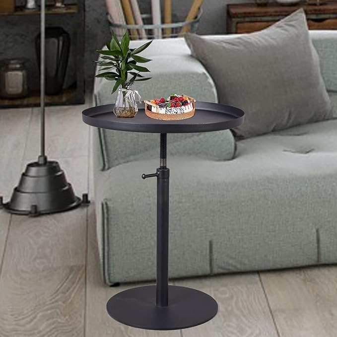 Outdoor Side Table,Tray Metal Sofa End Table, Accent Coffee Table, Adjustable Height, Waterproof and Anti-Rust Outdoor&Indoor Snack Table, Black (Round Top)