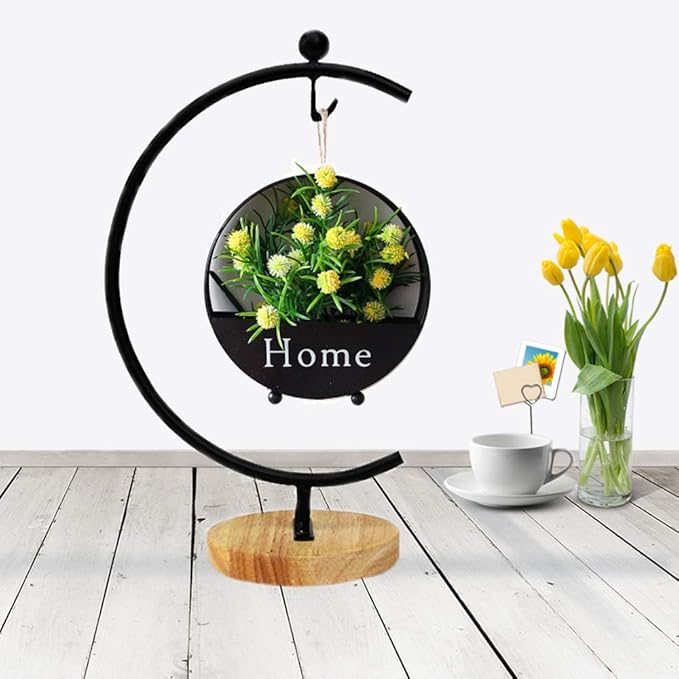 Archi G-Shaped Ornament Display Stand Iron Pothook Stand for Hanging Glass Terrarium/Picture with Wood Base (G Shape-Black)