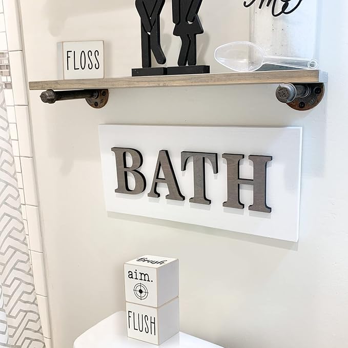 Farmhouse Funny Bathroom Decor, 4-Sided Wooden Blocks, Country Rustic Cute Bathroom Sign for Shelf, Black and White House Home Decorations Accents, 2.8