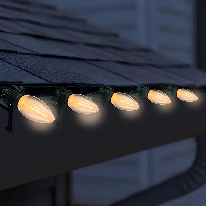 C7 Clear LED Christmas String Lights, 25FT C7 Outdoor String Lights with 27 LED Warm White Bulbs, Connectable Vintage Christmas Lights for Patio Porch Balcony Wedding Christmas Decorations, Green