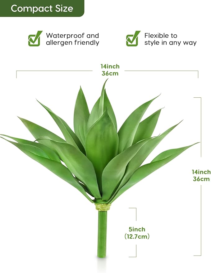 Velener Artificial Plant Outdoor Agave - Small Size UV Resistant Fake Agave Plants for Indoor and Outdoor Decor(14 Inch)-2 Pack