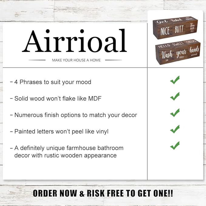 Farmhouse Bathroom Decor, Wooden Cute Restroom Home Decoration, Funny 4-Sided Mordern Rustic Bathroom Blocks, Nice Butt&Get Naked&Hello Sweet Cheeks&Wash Your Hands Sign, Brown 2.8"