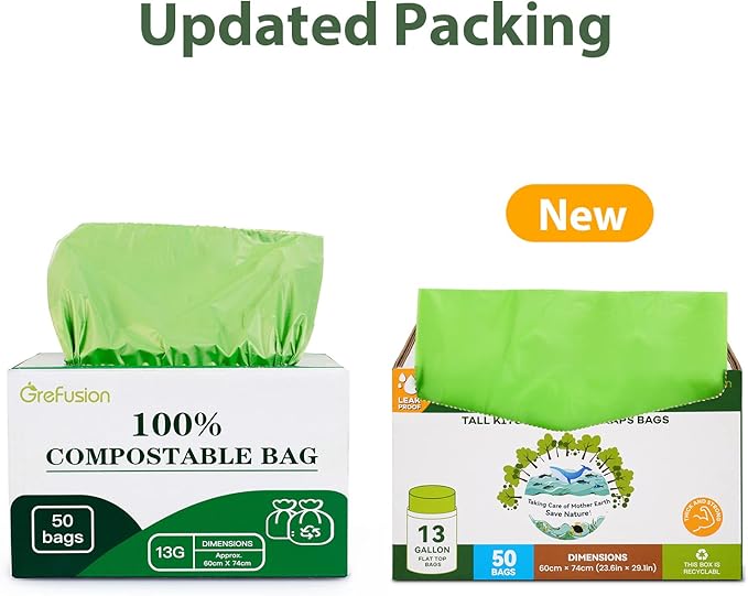 Compostable Bags,Trash bags 13+ gallon tall kitchen, Compostable Trash Lawn & Leaf Yard Waste Bags,Kitchen Compost Trash Bin Compatible,Extra Thick1.01 Mills,Certified by BPI and OK Compost(50count)