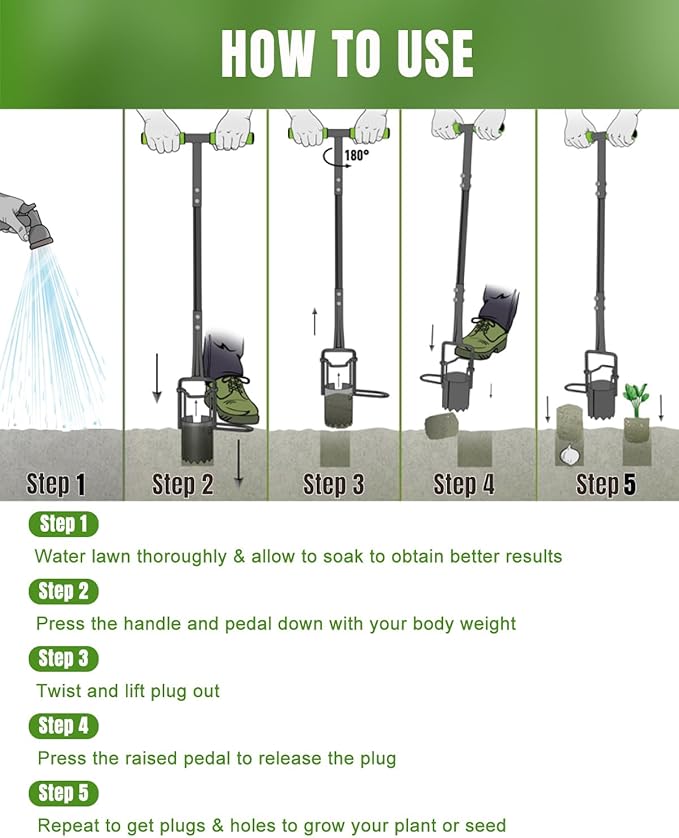 joyhalo Bulb Planter Tool Long Handle, 30in Serrated Base, 5 in 1 Lawn Tool, Sod Cutter, Grass Plugger Tool, Weeding, Transplanting, Garden Hole Digger for Plants, Flower Tulips Daffodils Lily