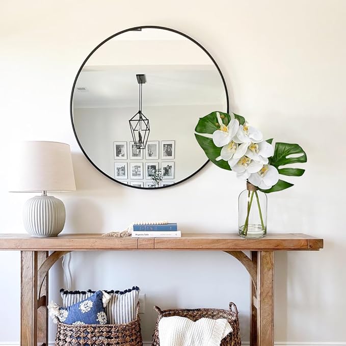 Artificial Monstera Plant and Fake Orchid in Glass Vase, 13.8" Real Touch Fake Plant Tropical Leaves Orchids Artificial Flowers with Faux Water for Home Bathroom Kitchen Office Centerpiece Room Décor