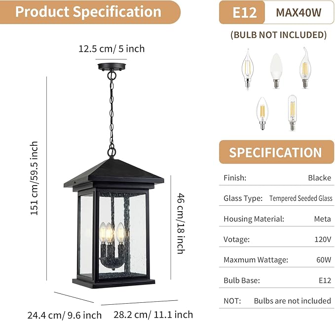 Classic Outdoor Hanging Lantern – Weather-Resistant, Stylish, Matte Black Finish, Clear Seeded Glass and Functional, Extra Large Size