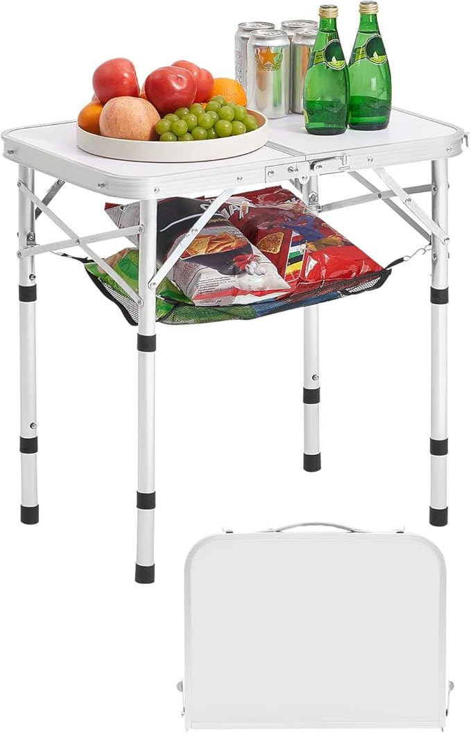VEVOR Folding Camping Table, Portable Roll Up Side Tables, Lightweight Aluminum Beach Table with Adjustable Height, for Outdoor BBQ Tailgating Picnic, Travel (24 inch-Silver)