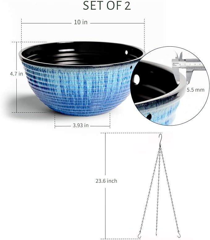 2 Pack Hanging Planters for Indoor Outdoor Plants, 10 Inch Hanging Planter with Drainage Hole & Plug Glazed Hanging Baskets Flower Pots for Garden Home (Blue Flow Glaze)