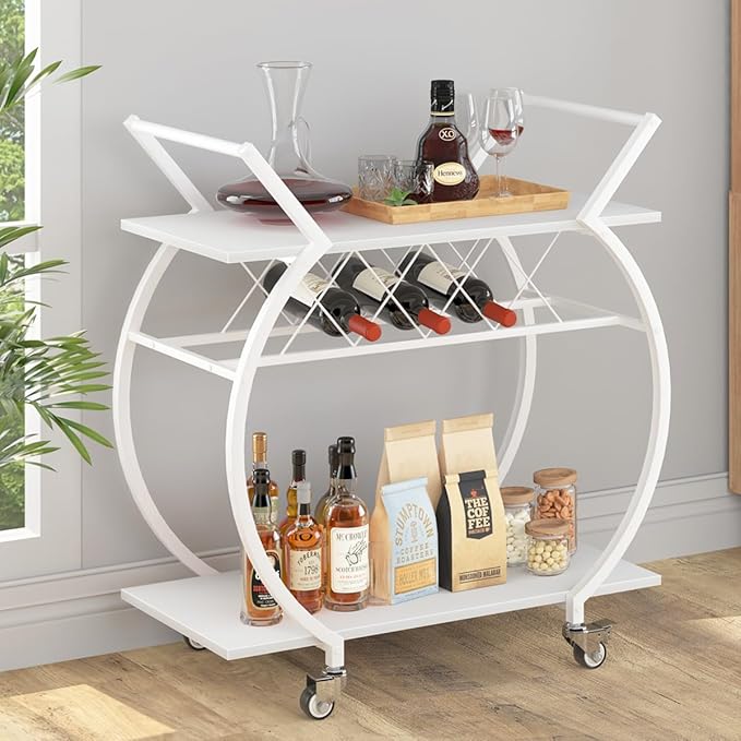 LVB White Bar Cart, Modern Rolling Serving Wine Cart with Storage, Industrial Wood Metal Kitchen Island Beverage Cart with Wheels, Microwave Drink Liquor Cart Table for Home Dining Living, White Oak