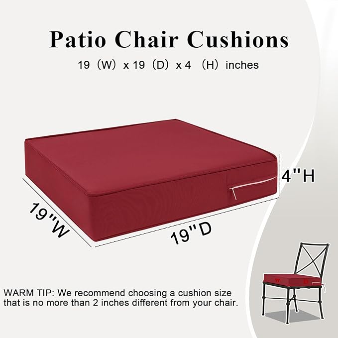 Outdoor Chair Cushions Set of 2 for Patio Furniture 19x19x4 Inch Waterproof Patio Chair Cushion 3 Year Color Fastness Square Elastic Foam Garden Couch Pads with Ties and Handle,Red
