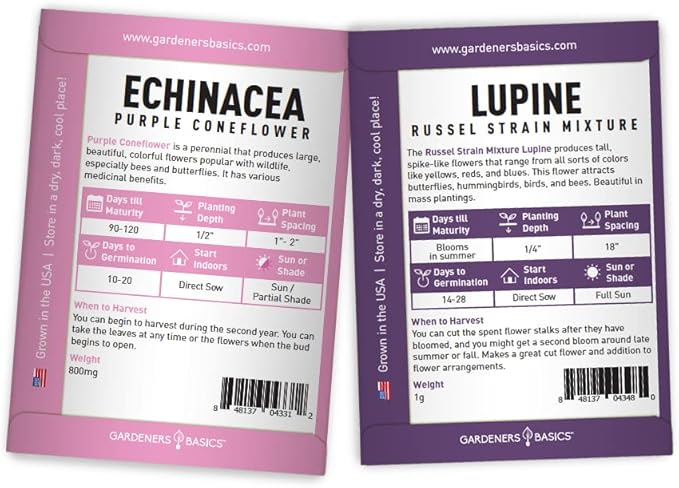 Gardeners Basics, Perennial Flower Seeds for Planting Outdoors (5 Variety Pack) Lupine, Columbine, Echinacea Purple Coneflower, Black Eyed Susan, Shasta Daisy for Pollinators Wildflower Seed